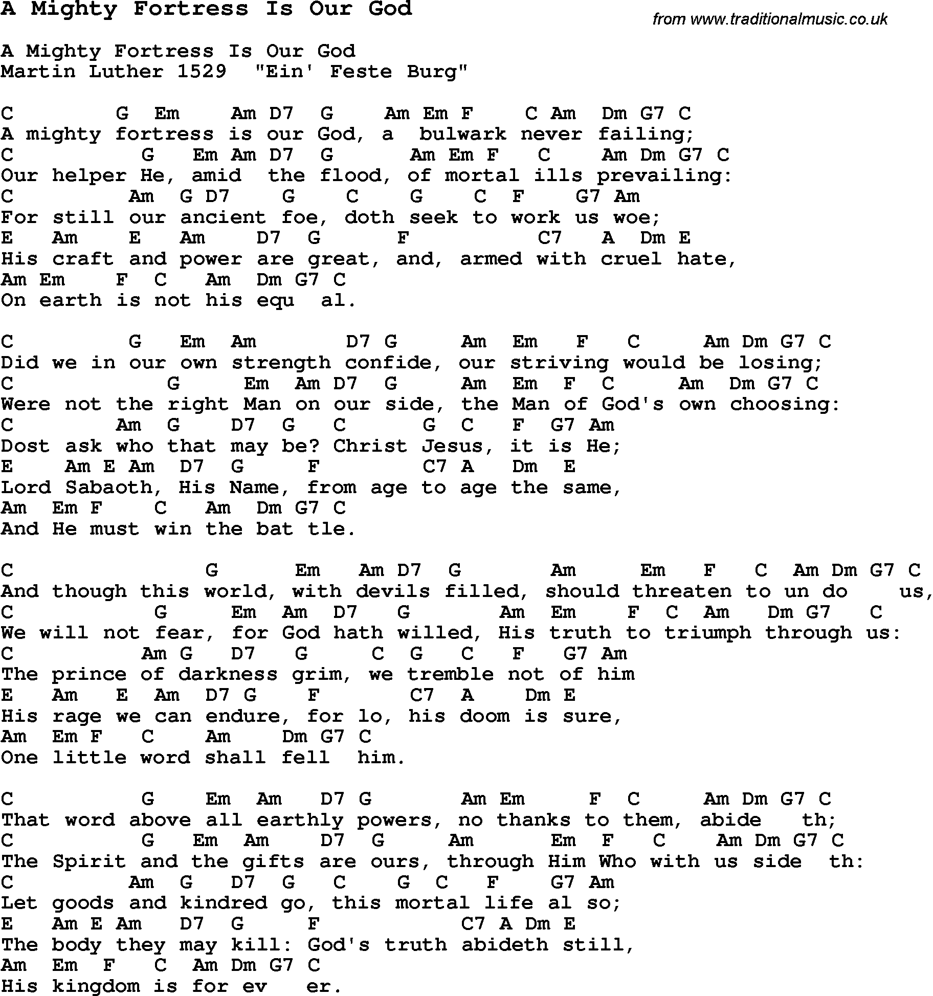 Traditional Song A Mighty Fortress Is Our God with Chords, Tabs and Lyrics